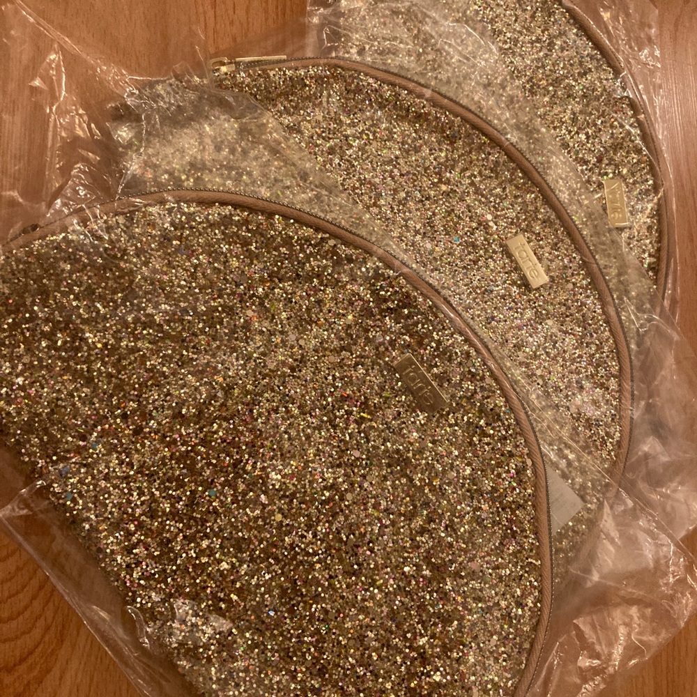 Lot 3 new Gold Glitter Fan TARTE large makeup bags.   me